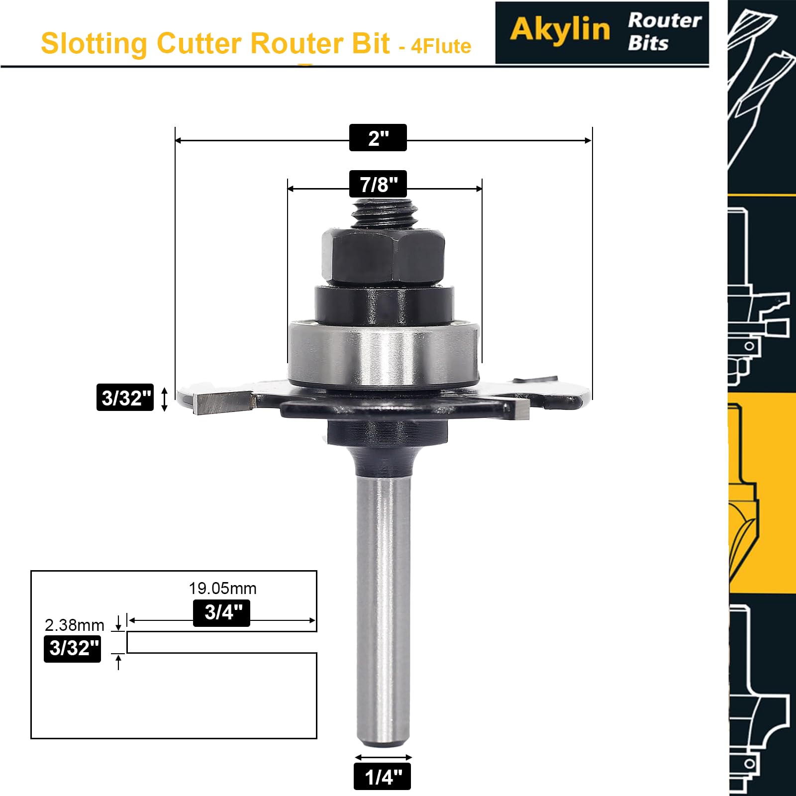 Akylin Slotting Cutter Router Bit, 1/4 Inch Shank, 4 Wing Slot Router Cutter Bit with bearing, 3/32” Height X9/16” Depth - Image 2