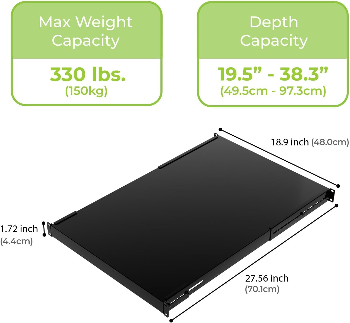 IOGEAR 1U Adjustable Depth Fixed Server Rack Shelf – Heavy Duty Steel, 330 lb Capacity, 19.5–38.3" Depth, Solid 27.5" Shelf (GRSH02)