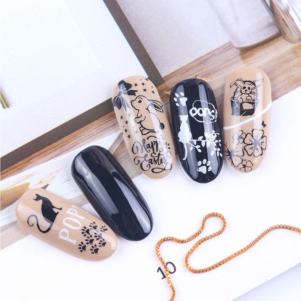 Set di 6 piastre per nail art, con 1 timbro trasparente, 1 raschietto (acchiappasogni, erba, motivi, foglie, coniglio, gatto)