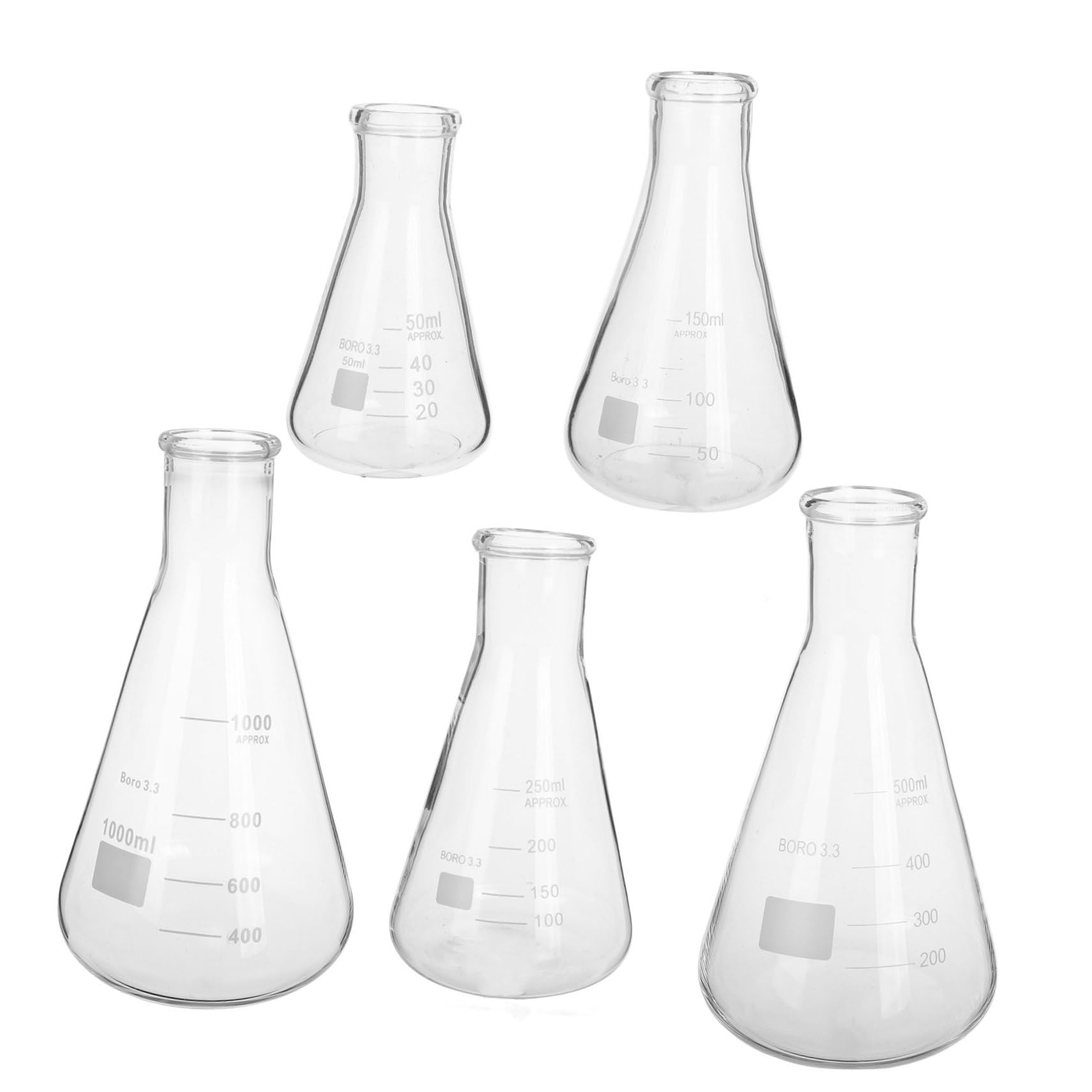 Erlenmeyer Graduados Juego de 5 Matraces de Vidrio de Borosilicato Capacidad 50 Ml a 1 L Resistencia Alta Temperatura Base Triangular para Laboratorio Químico