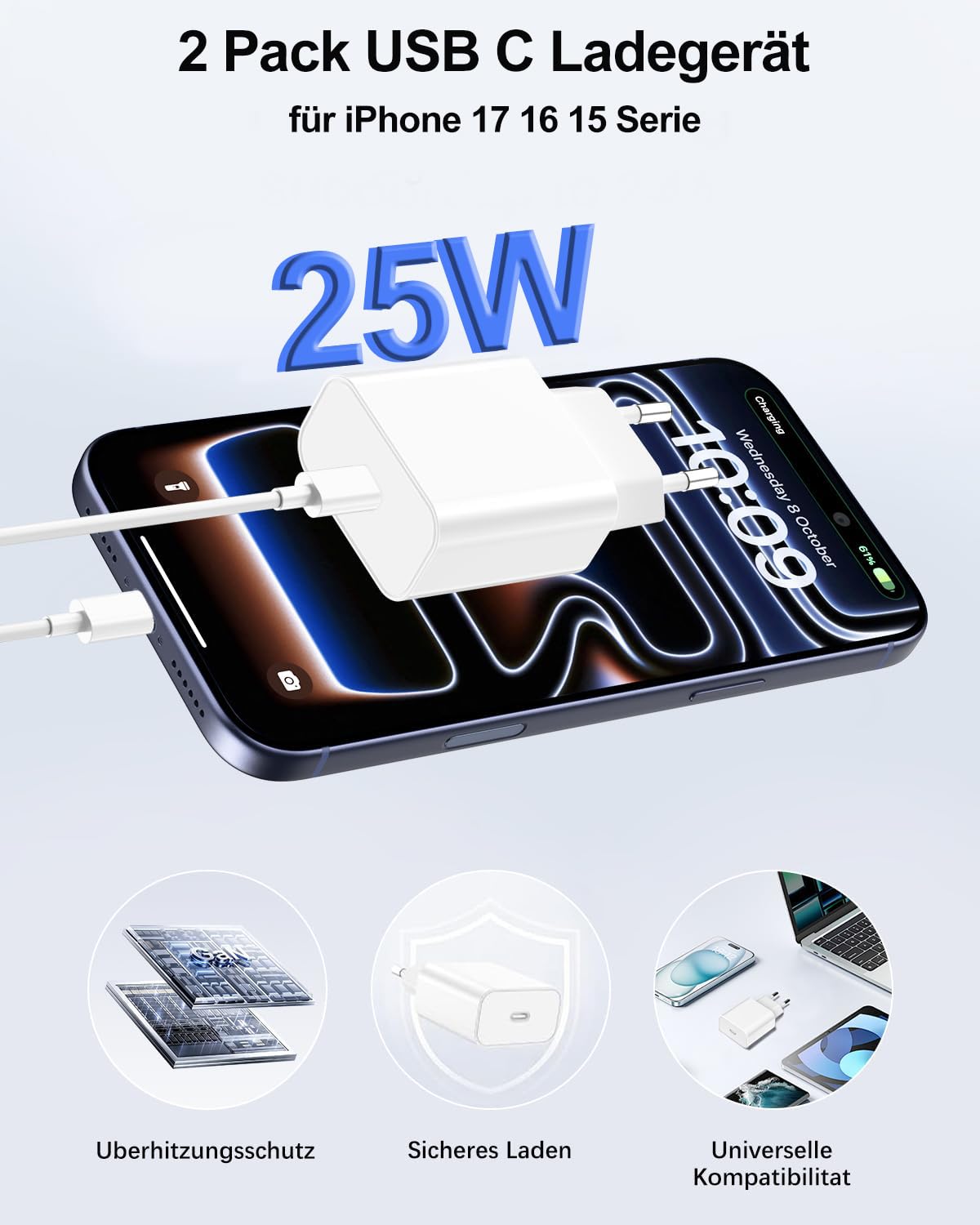 USB C Ladegerät Schnellladekabel Ladekabel für iPhone 17 16 15 Pro Max Plus/17 Air/17e/16e, iPad Pro/Air Mini/10.11.Generation,2Pack 25W USBC Schnellladegerät 2M Kabel Charger Adapter Netzteil Stecker