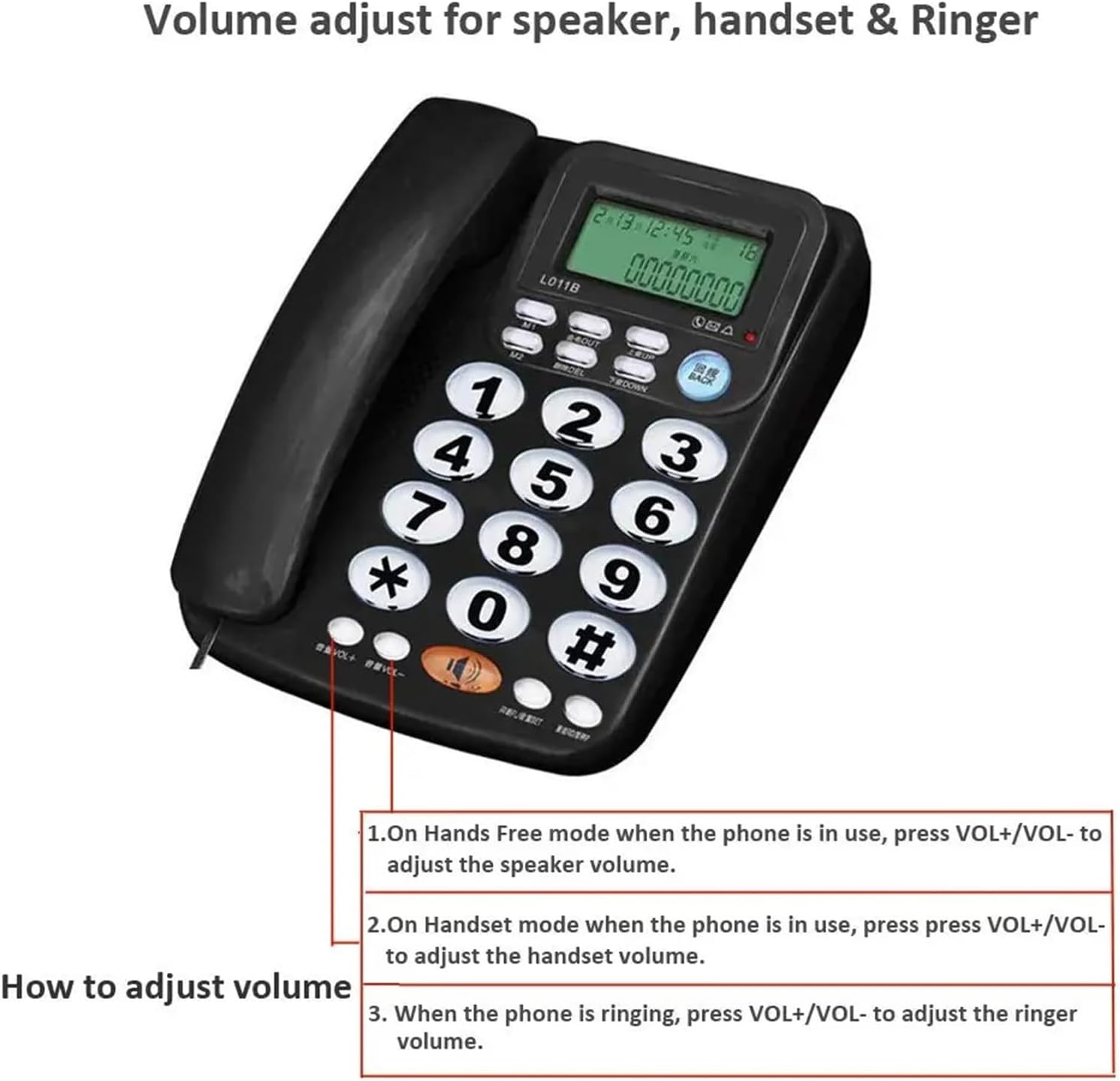 Diagram illustrating volume adjustment for speaker, handset, and ringer on the TINGUT L011B telephone.