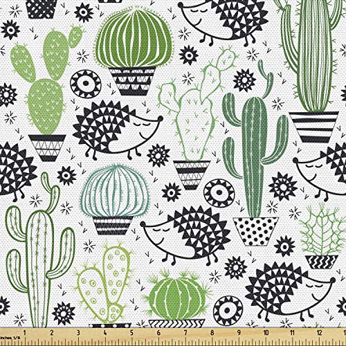 Image of Ambesonne Cactus Fabric by The Yard, Cartoon Style Inspired Drawing of Hedgehog Animals Saguaro and Prickly Pear, Decorative Fabric for Upholstery and Home Accents, 1 Yard, Cream Green