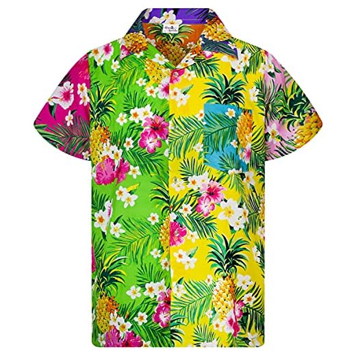 King Kameha Funky - Camisa hawaiana informal para niños, niños y niñas, bolsillo frontal, muy fuerte, manga corta, unisex, estampado de palmas de piña, Mezcla de flores de piña, L