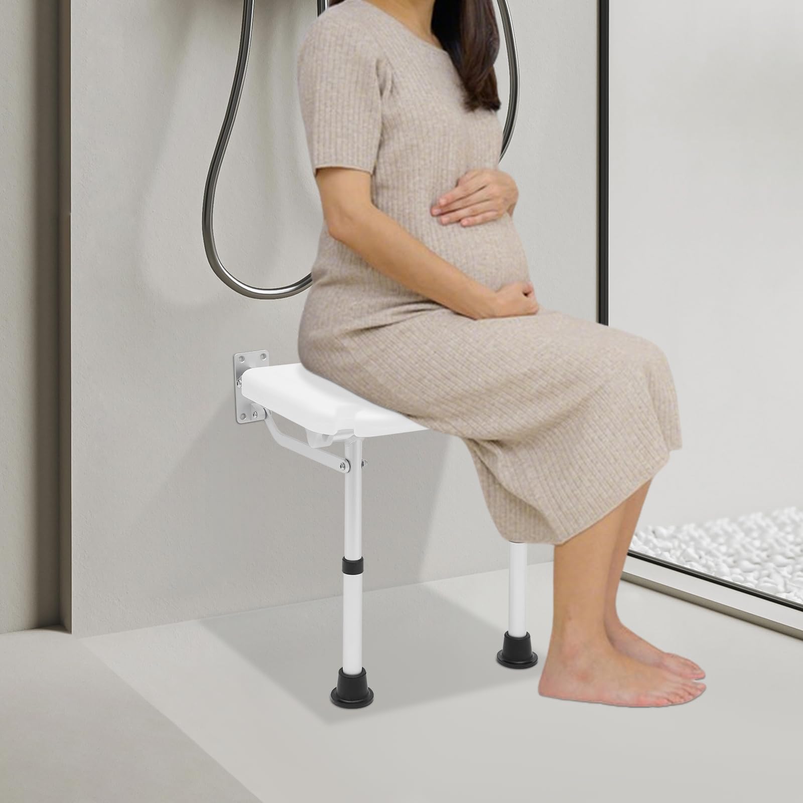 Sgabello da doccia, pieghevole, con piedini di supporto, montaggio a parete, regolabile in altezza, dimensioni della seduta 40 × 32 cm, portata massima 100 kg, per anziani bambini, bianco