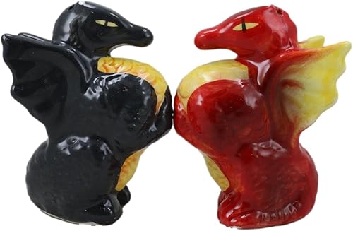 Ebros Gift Juego de cocteleras de cerámica con diseño de dragones de fuego rojo y humo negro, juego de salero y pimentero, como decoración de