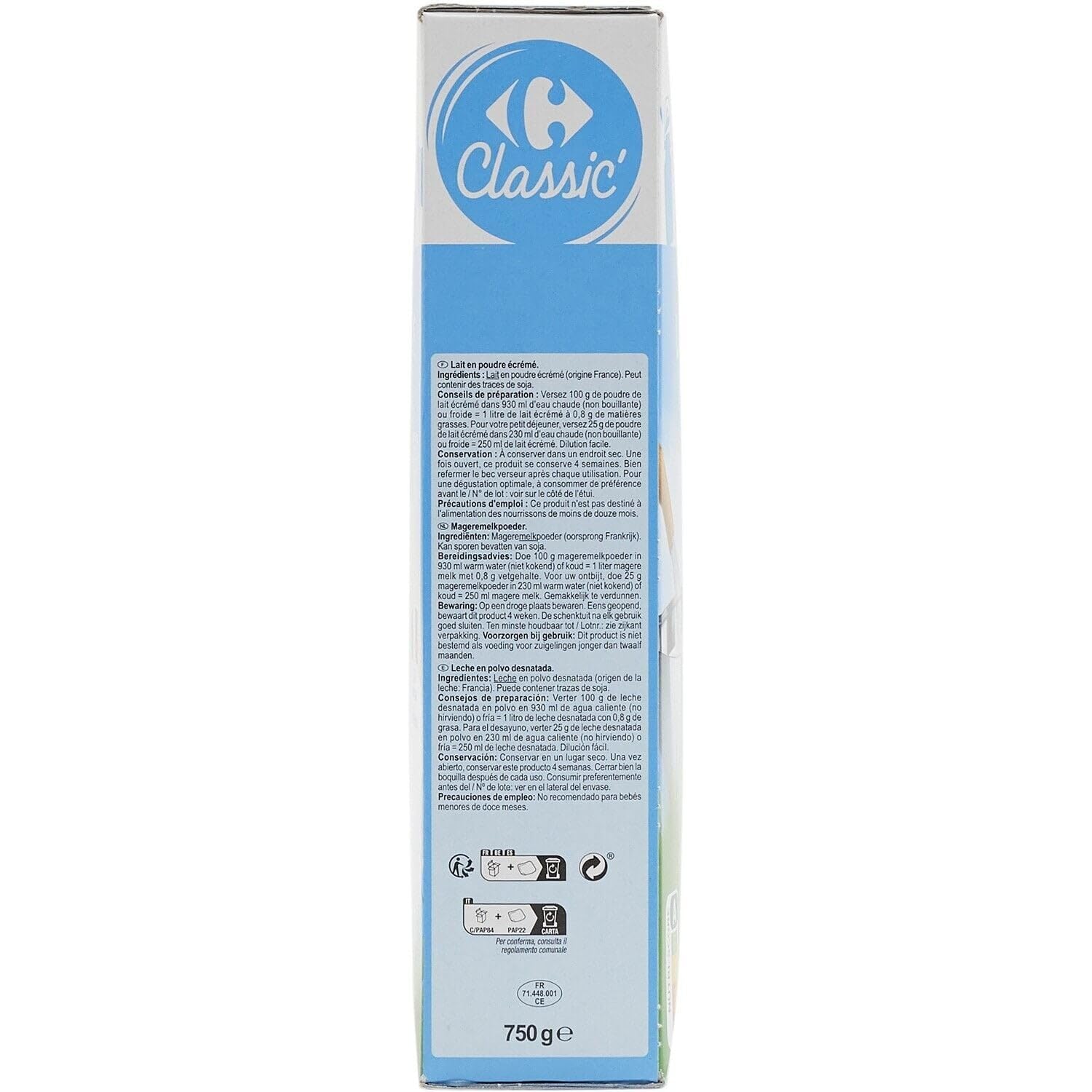 Pratique pour 7,5 L de lait écrémé prêt à l'emploi — CARREFOUR CLASSIC' lait écrémé en poudre, origine France, la boite de 750g - Lot de 3