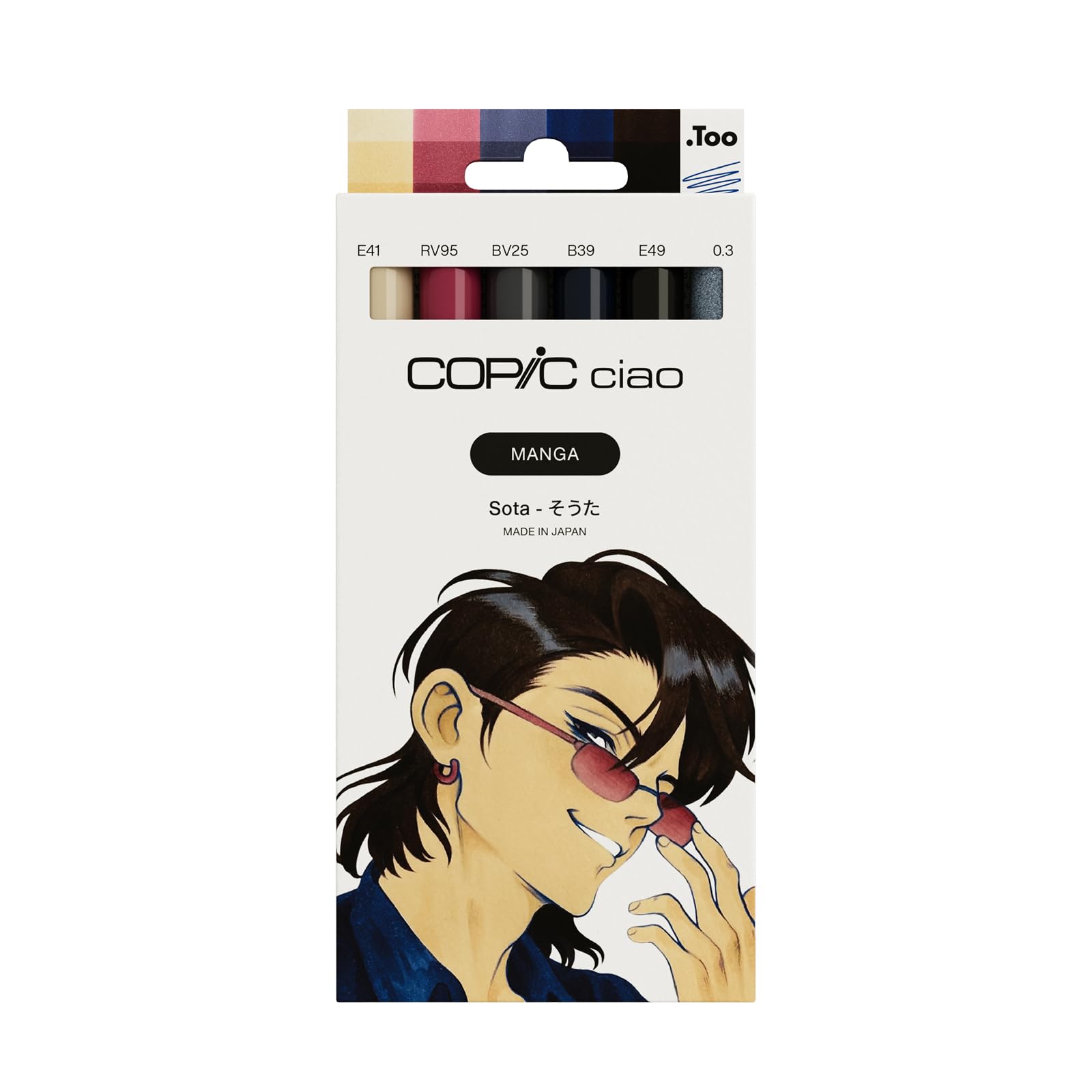 Copic Ciao Manga Sota Marker Set with 5 Bright Red Tones and Muted Purple Including 1 Multiliner 0.3 mm in Blue, Twin Marker with Medium Width and Brush Tip
