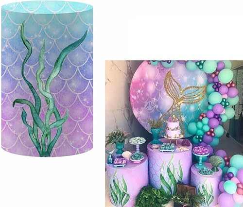 Cubiertas de pedestal con temática de sirena subacuática, escamas de algas marinas con purpurina, baby shower, fiesta de primer cumpleaños,