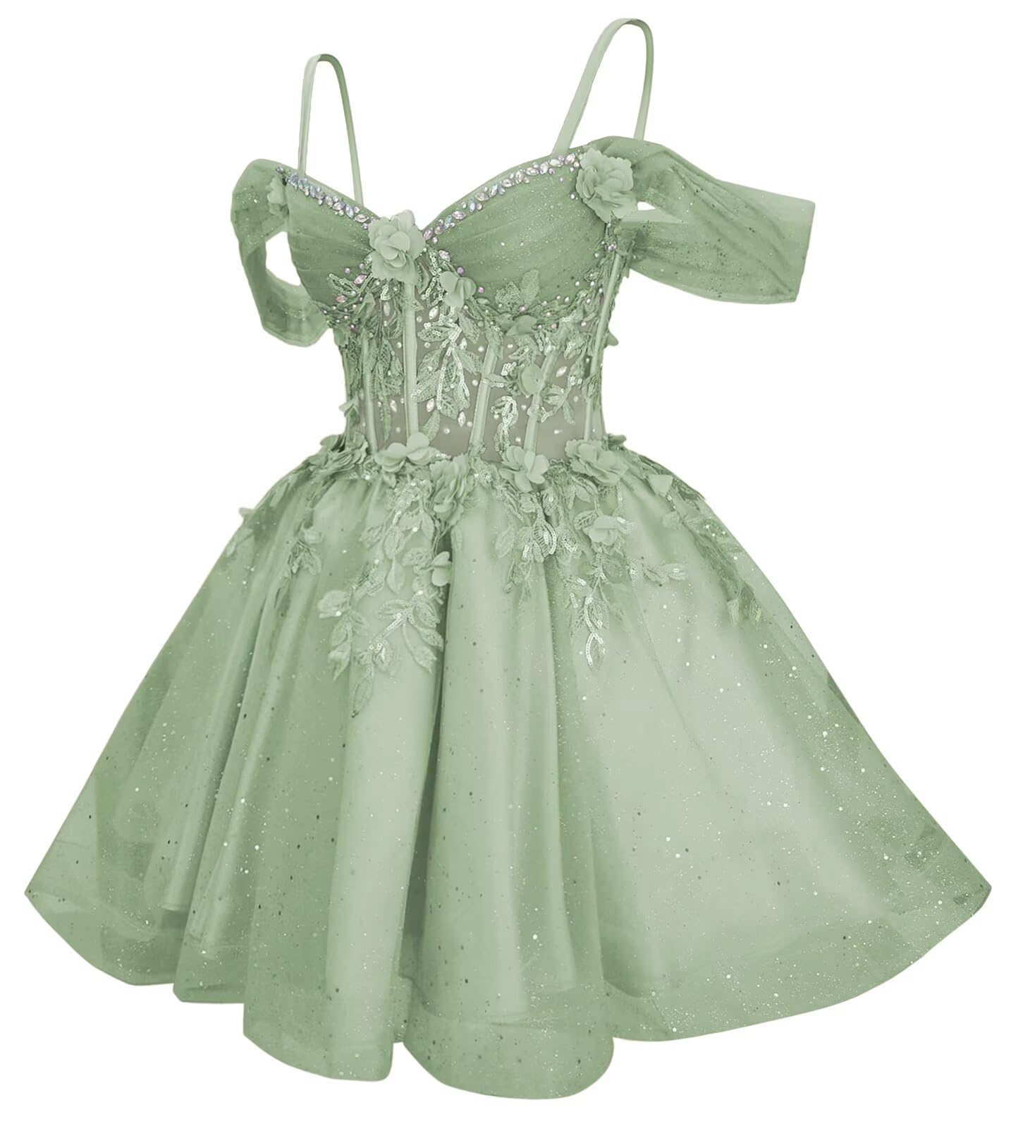 TRHTX Floral Flowers Tulle Homecoming Dress for Teens Off Shoulder DAMA Dresses Sparkly Beaded Graduation Dress