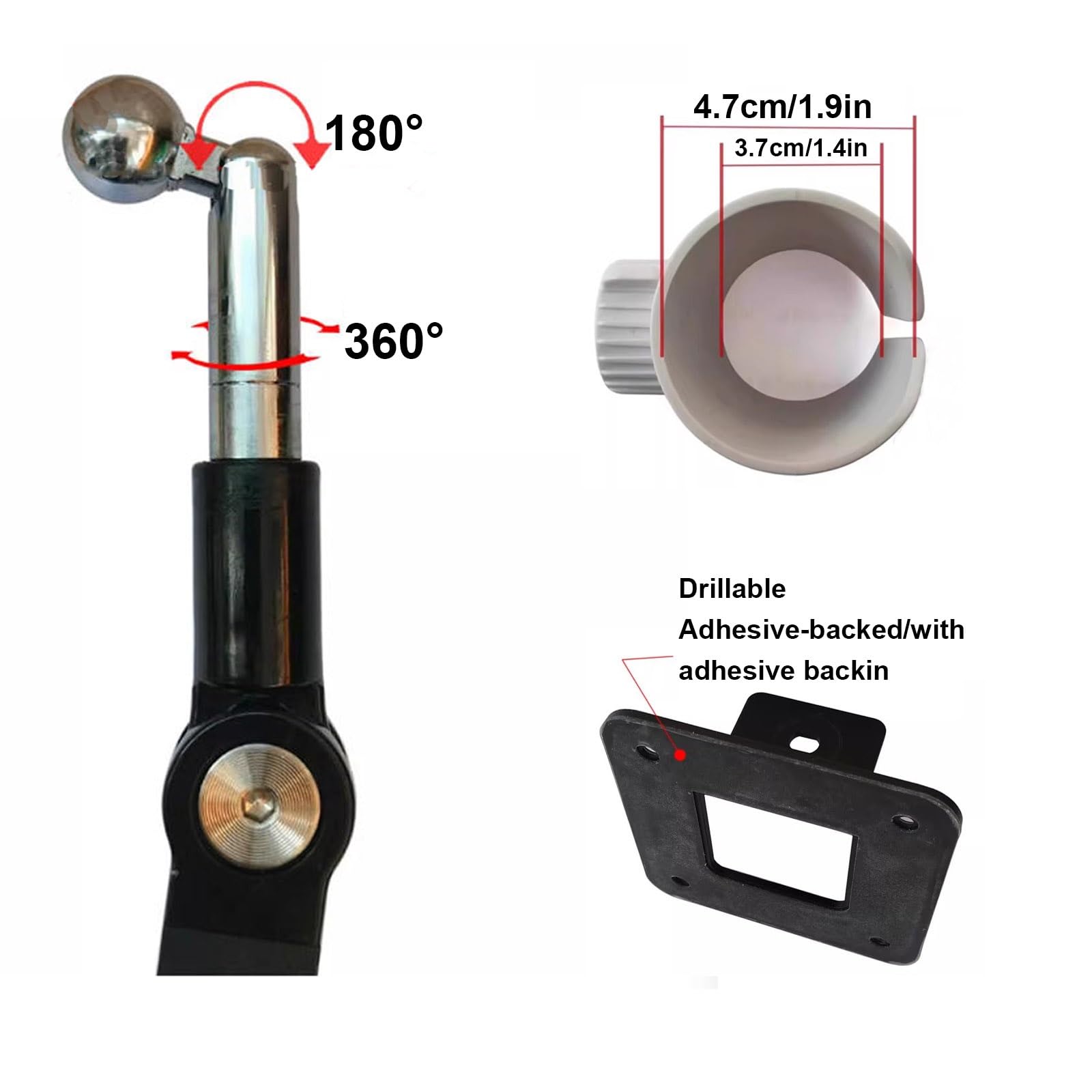 Wandmontage Föhn Halterung, Fönhalter, Ganzmetall, 360° Drehbar, Verstellbarer arm, Klebe/Bohrmontagemöglichkeiten, Geeignet for Badezimmer(Black)