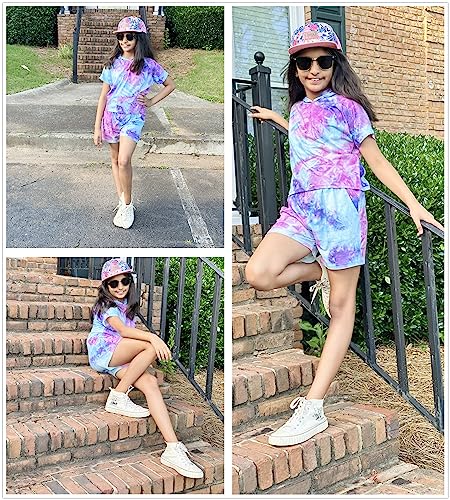 Image of Girls Summer Outfits Kids Hooded-Shirts Elastic Waist Shorts with Pockets | short sleeve drop shoulder hooded shirt and shorts with two pockets tie dye leopard letter print