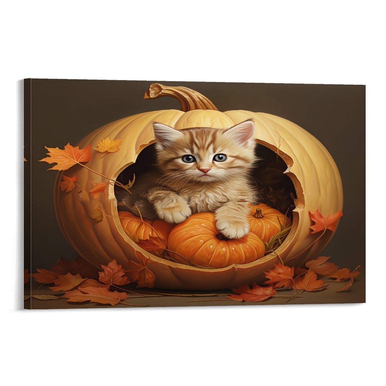 CPLVKWRQJ Cute Kitten in Pumpkin Individual Ginger Kitten Pumpkin Autumn Canvas Print - Bedroom Canvas Painting Easy to Clean Statement Piece Decor 20x30inch(50x75cm)