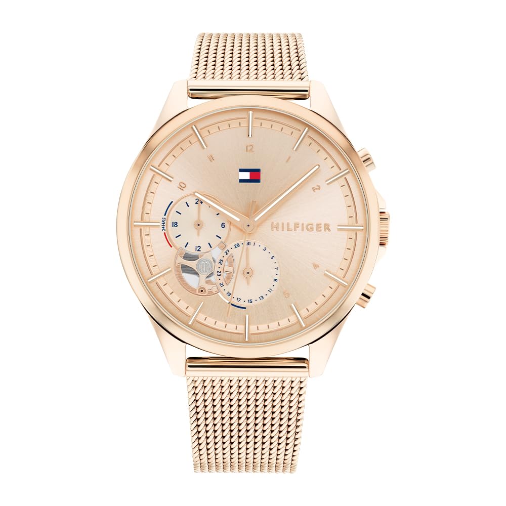 Tommy Hilfiger Orologio Analogico Multifunzione al Quarzo da Donna con Cinturino in Maglia Metallica in Acciaio Inossidabile Color Oro Rosso - 1782486
