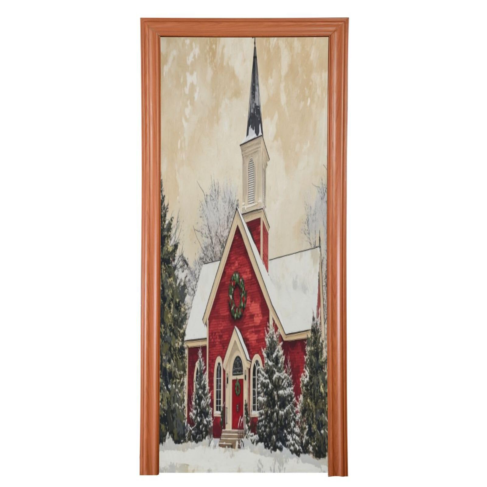 J JOYSAY Christmas Trees Church Door Decorations Door Cover Xmas House Decorations Xmas Front Door Covering Scary for Porch Indoor Office,36x98 in