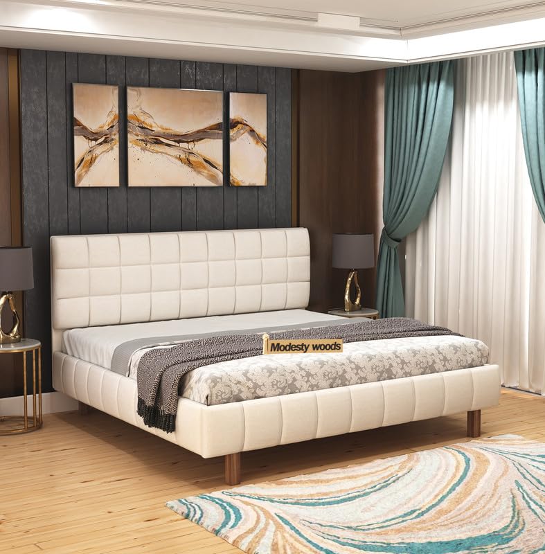Aesthetic crafts Sheesham Wood King Size Bed | White Upholstered Wooden Cot | Solid Wood Double Bed Frame | Modern Fabric Headboard Bed for Bedroom & Living Room | Durable Wooden Furniture-image-11