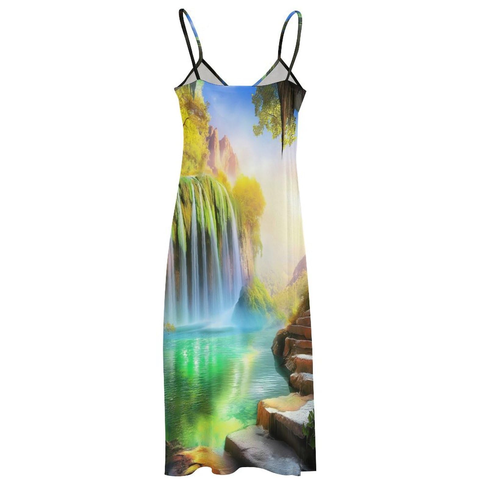 Vestido De Verano para Mujer - Paisaje De Cascada Vestidos De Tirantes Finos, Tallas S-5Xl, Informales, con Escote En V, Sin Mangas, Largos, De Verano, Sexys, para La Playa, Estilo Urbano.