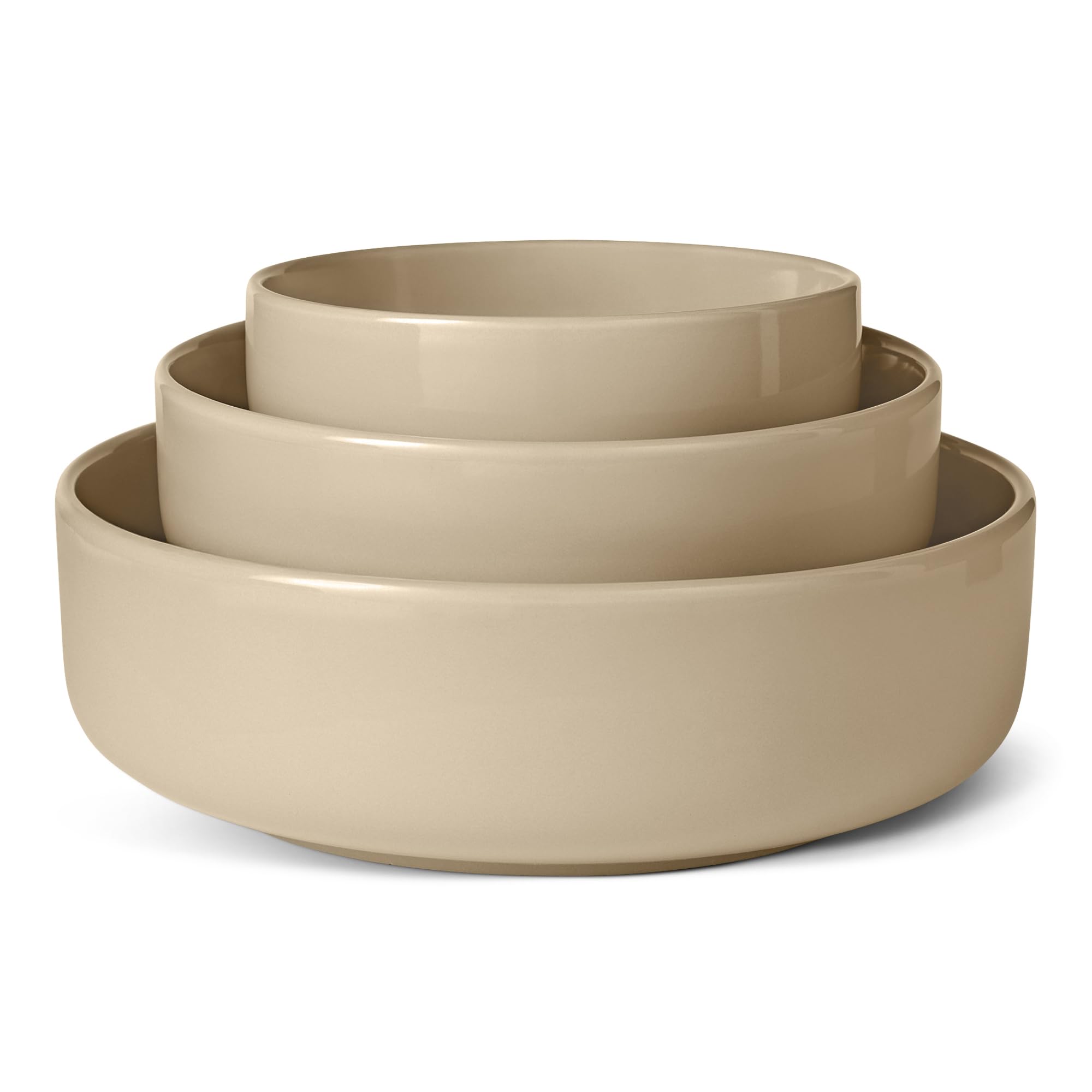 Amazon Basics Glazed Stoneware Serving Bowls, 3-Piece Set, Dishwasher-Safe, Linen Gray