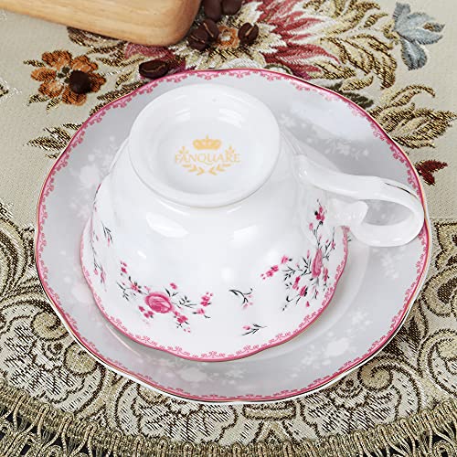 Fanquare Pink Rose Tea Cup And Saucer Set For 6, British Vintage Afternoon Cup Set, Porcelain Coffee Cup With Gold Border, 5 Oz #TOP2