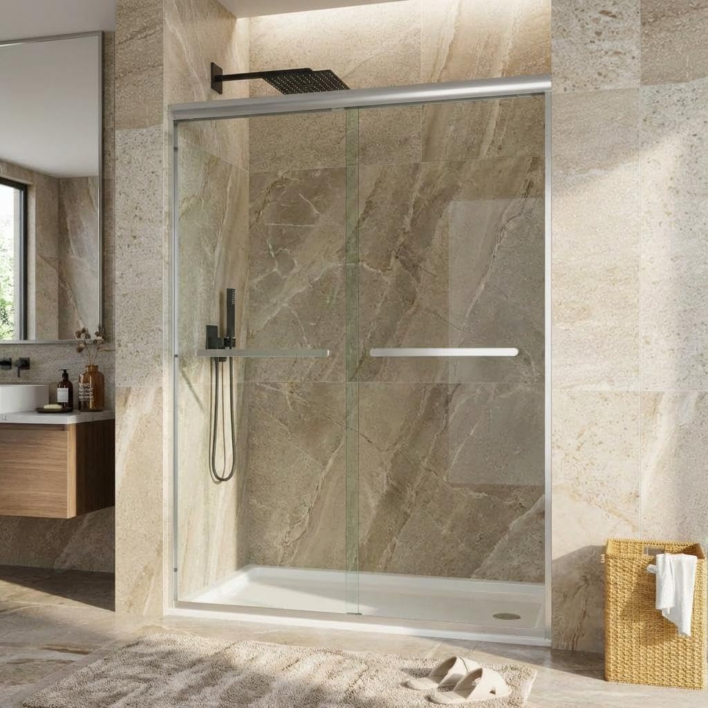 44-48" W x 72" H Double Sliding Shower Door, 8mm Tempered Glass with Easy-Clean Coating, Smooth Rollers &amp; Aluminum Frame, for Bathtub/Shower Enclosure, Brushed Nickel