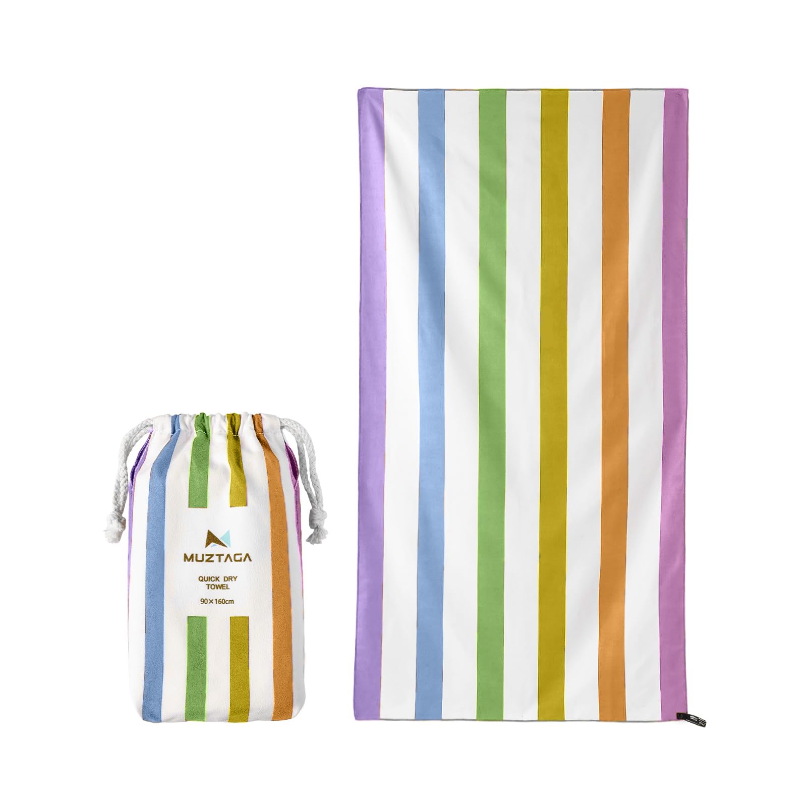 Muztaga Microfibre Beach Towel - Sand Free, Quick Dry, Large 160 x 90 cm Striped Pool Towels for Adults & Kids, Lightweight Compact Travel Towel with Bag for Holiday & Gym (Rainbow)
