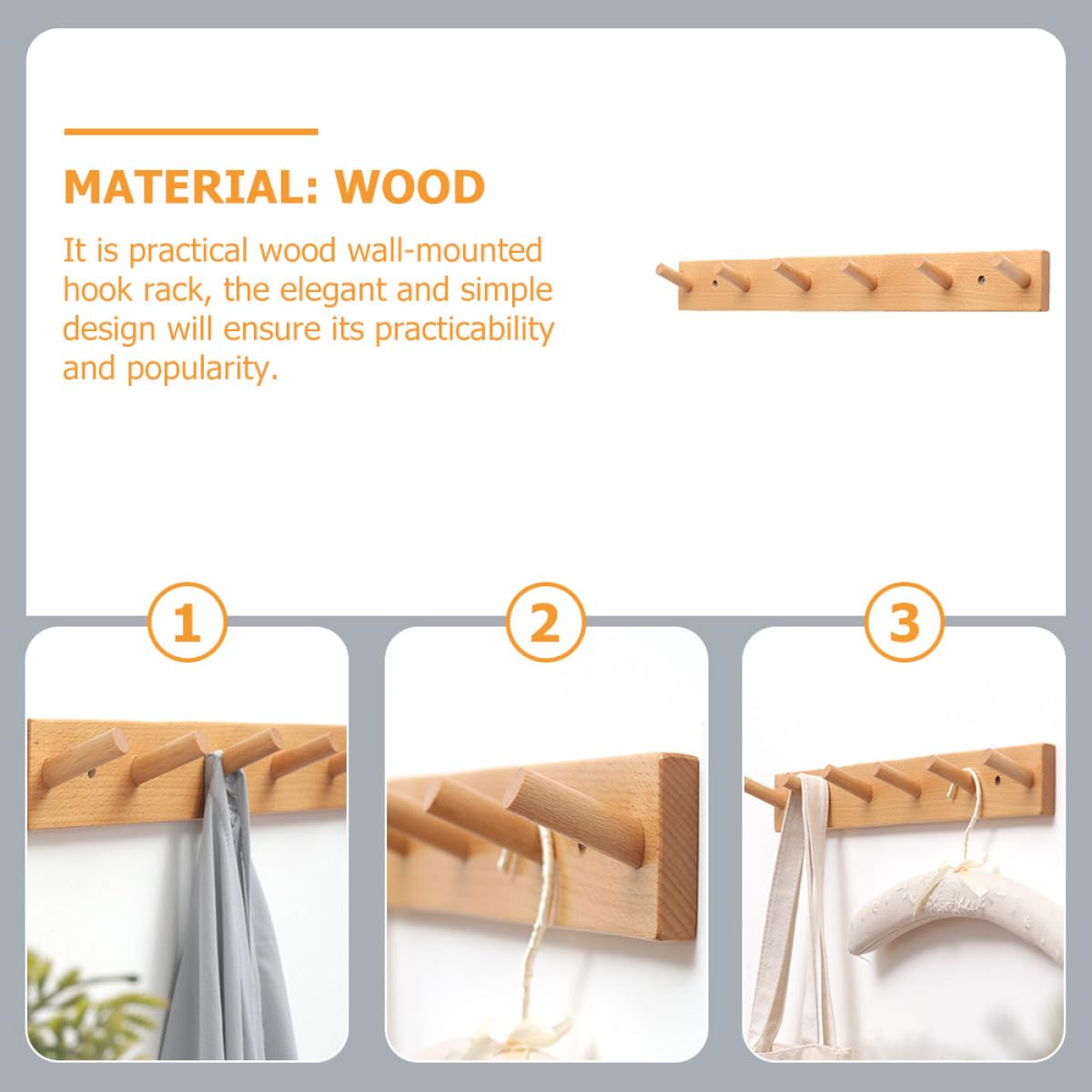Perchero de Pared de Madera con Ganchos Adhesivos sin Taladro Diseño Simple y Elegante para Organización y Decoración del Hogar