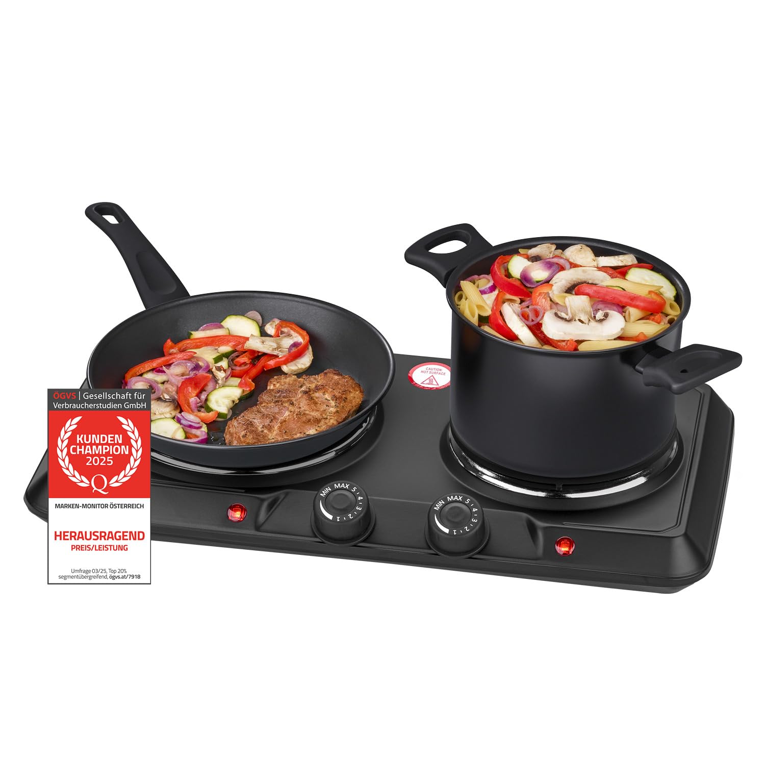 TZS First Austria - Doppelkochplatte 2500W - Gusseisen-Kochfelder 180 & 150 mm - Stufenlose Thermostatsteuerung - Mobile Herdplatte für Camping & Küche - Schwarz