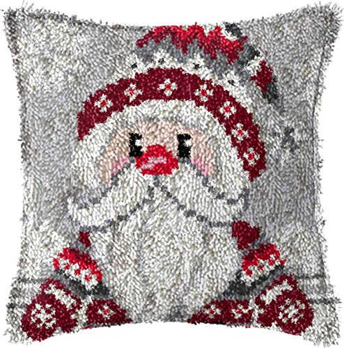 Image of TEZKIM Latch Hook Kits for Adults Christmas DIY Throw Pillow Cover with Printed Canvas Pillowcase Needlework Cushion Cover Hand Craft Creative Gift Home Decoration 16.9Inch X16.9Inch (Red)