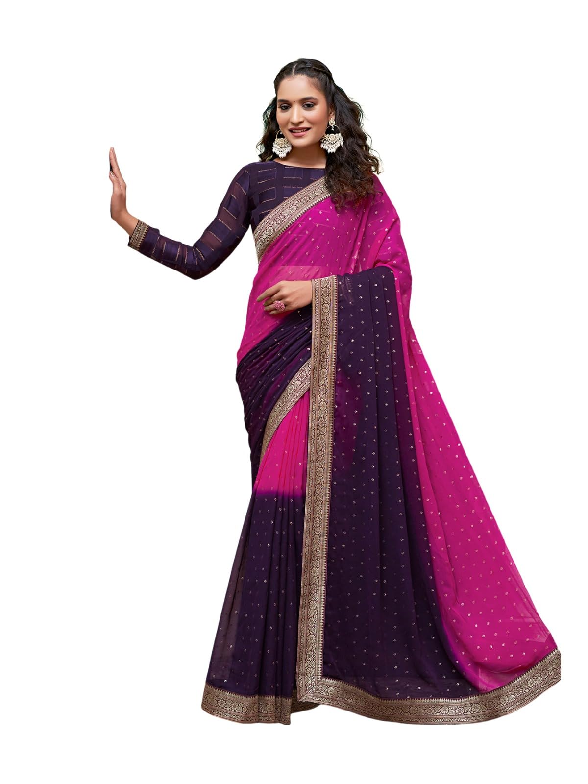 Satrani Women's Georgette Padding Foil Printed Lace Work Saree With Unstitched Blouse Piece (3694S144N_Pink & Wine)