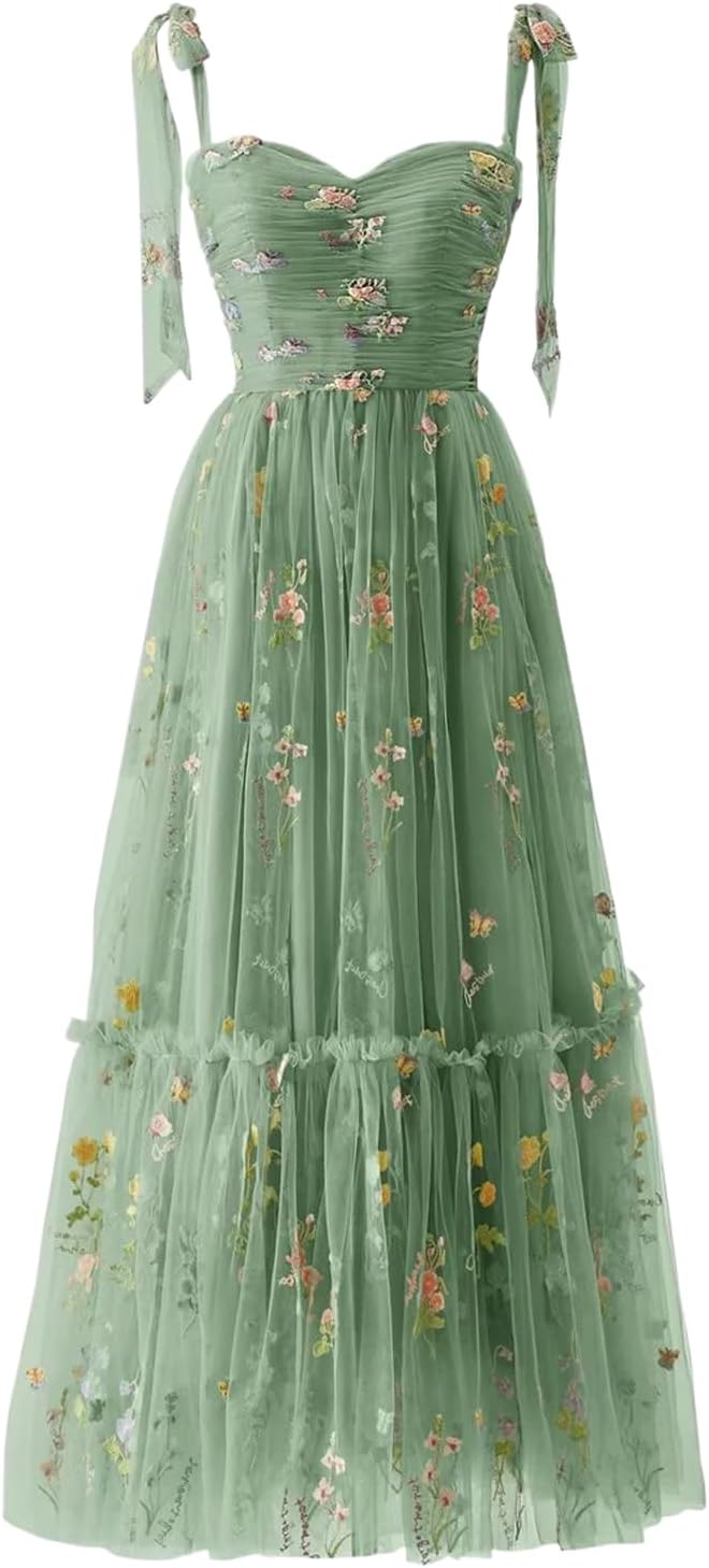 Sevintage Flower Embroidered Tulle Prom Dresses Spaghetti Straps Tea Length Formal Cocktail Party Gown