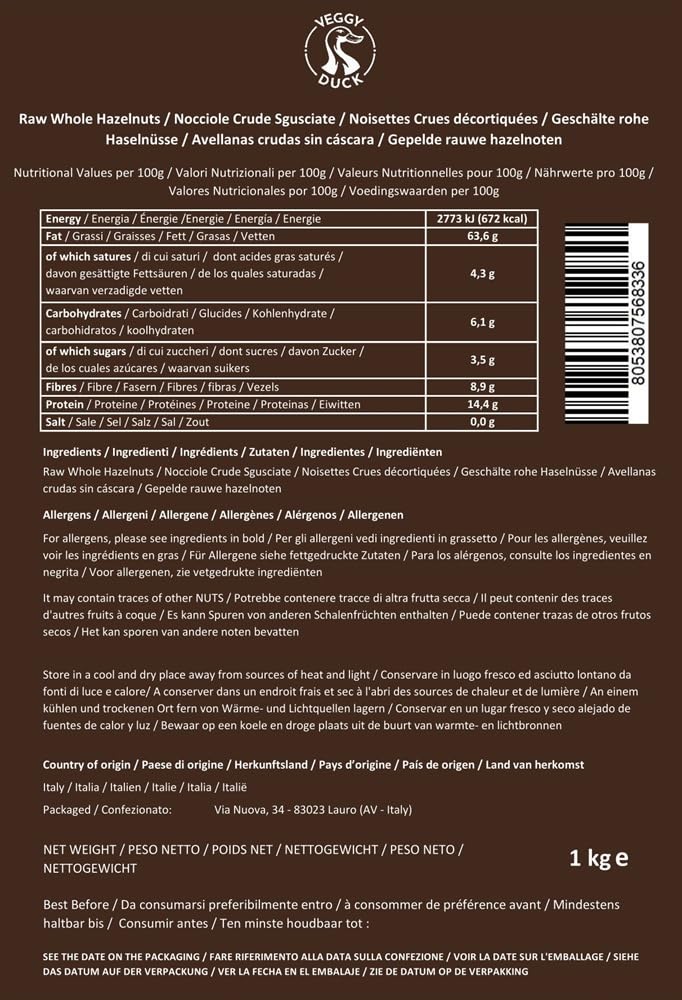 Veggy Duck - Avellanas Crudas Naturales Sin Cáscara (1Kg) | Origen Italia | Sin Sal