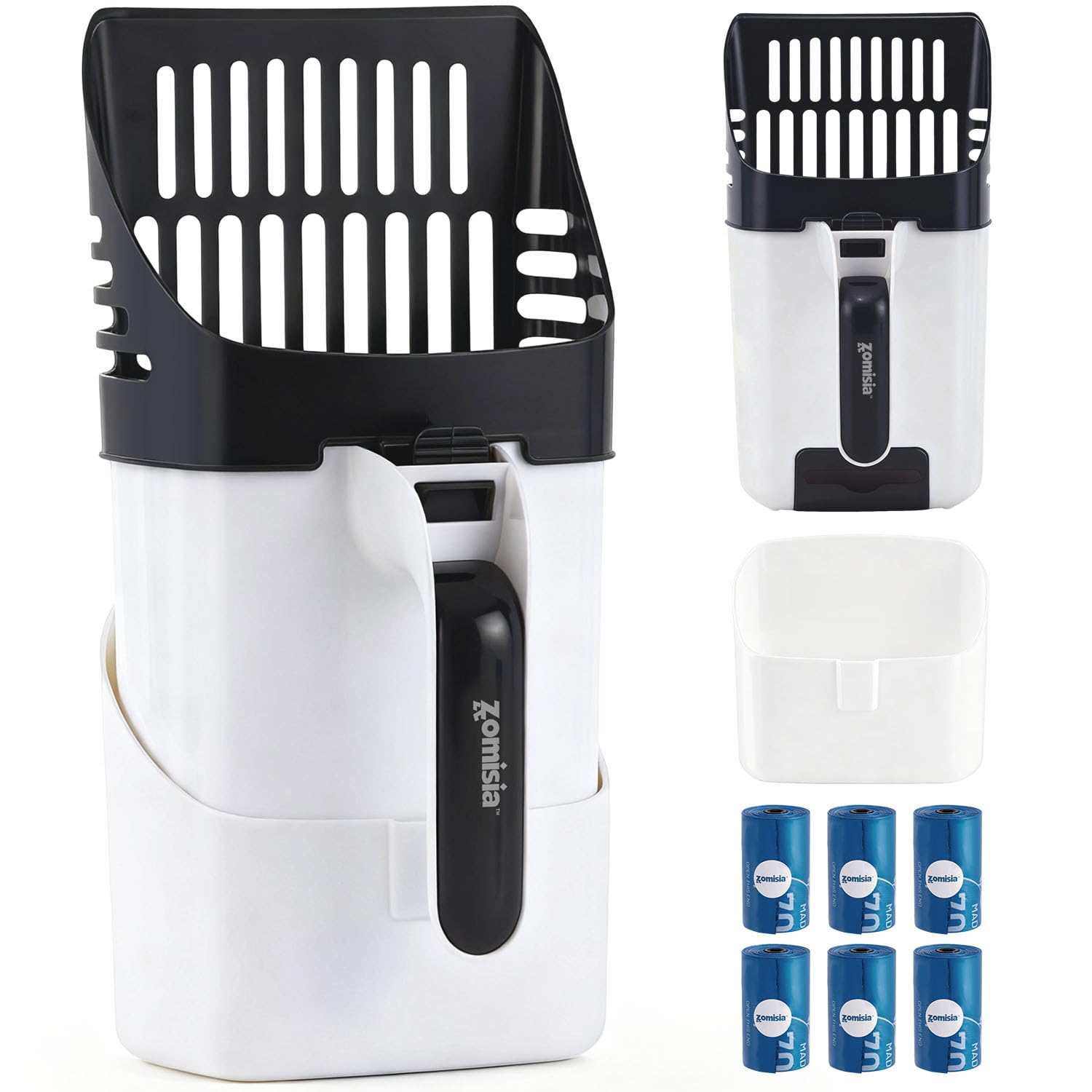 Cat Litter Scoop with Holder & Trash Can, 3-in-1 Mess-Free Poop Scooper Includes 90 Bags, Litter Box Scoop Shovel for Sifter Box Waste Disposal, Grey White