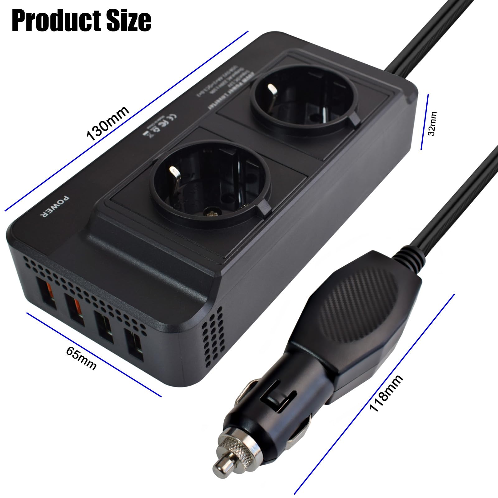 Onduleur 12V 220V 230V 240V 200W Prise Allume Cigare, Charge Rapide PD36W QC3.0 2 Prises EU 4 Ports USB Type-C, Affichage Numérique pour Voiture Camping Camping-Car Bateau