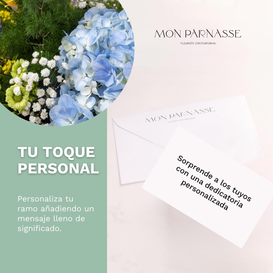 Mon Parnasse - Ramo de Flores Naturales con Dedicatoria, Incluye Tarjeta Personalizada, Set Alimento Floral, Envoltorio Elegante, Regalo, Decoración, Frescura y Aroma - Radiante