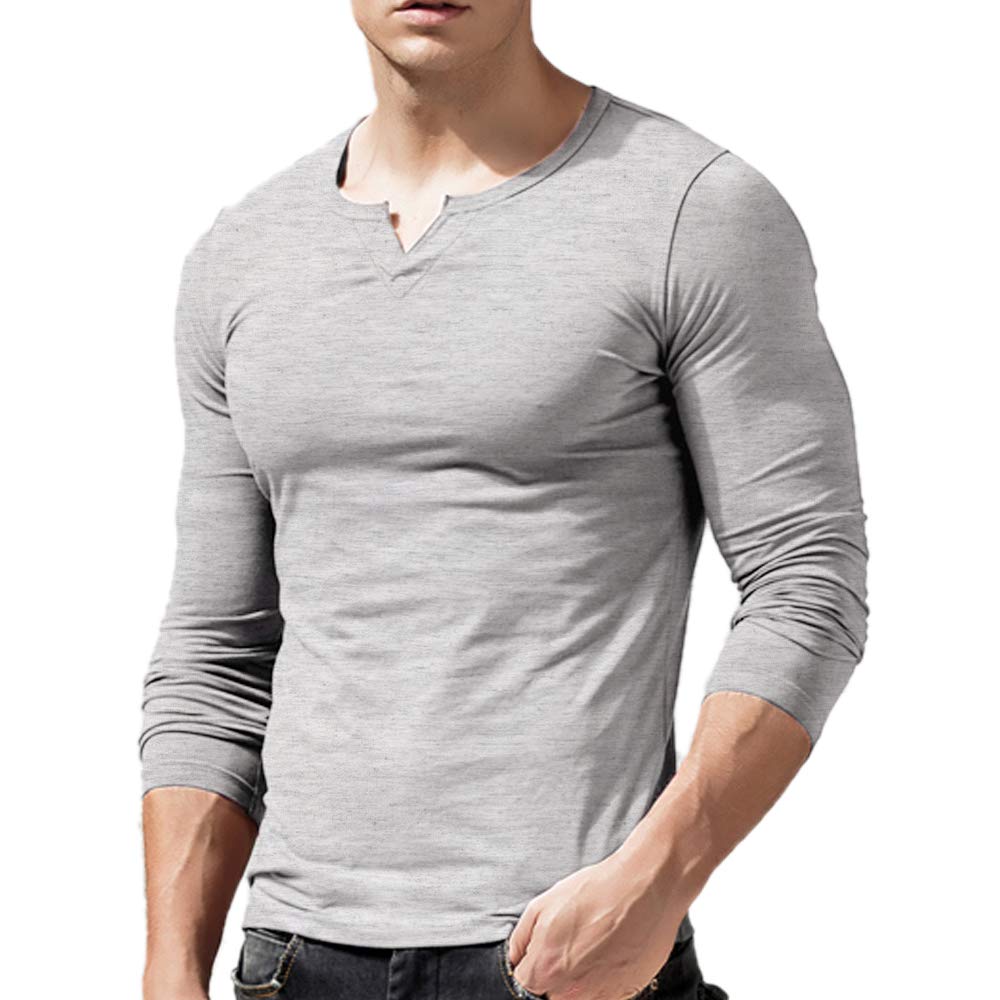 T-Shirt Henley Slim Fit Homme Manches Longues Col V Coton Stretch Décontracté