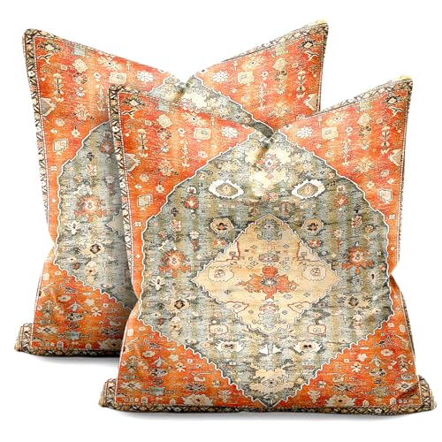Penufilo Boho Throw Pillow Covers 18X18 Inch, Set Of 2 Orange Bohemian Throw Pillows Colorful Decorative Couch Pillow Covers, Floral Pattern Decorative Pillow Covers, Boho Pillow Covers For Bed Couch cover