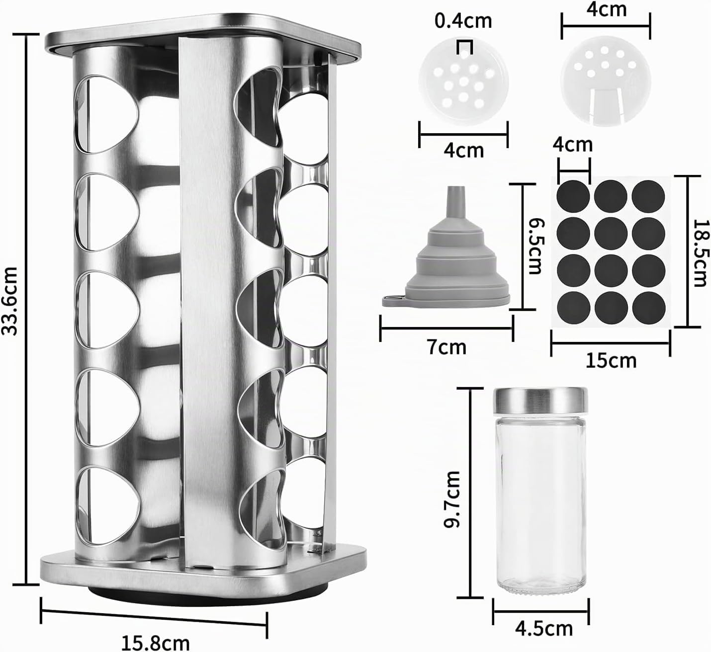 SAEIV Tourniquet à Épices Support Cuisine 360° Rotatif, Acier Inox 304 Antirouille, 20 Bocaux Verre & Inox, Étagère Compacte, Rangement Cuisine Étanche Gain de Place