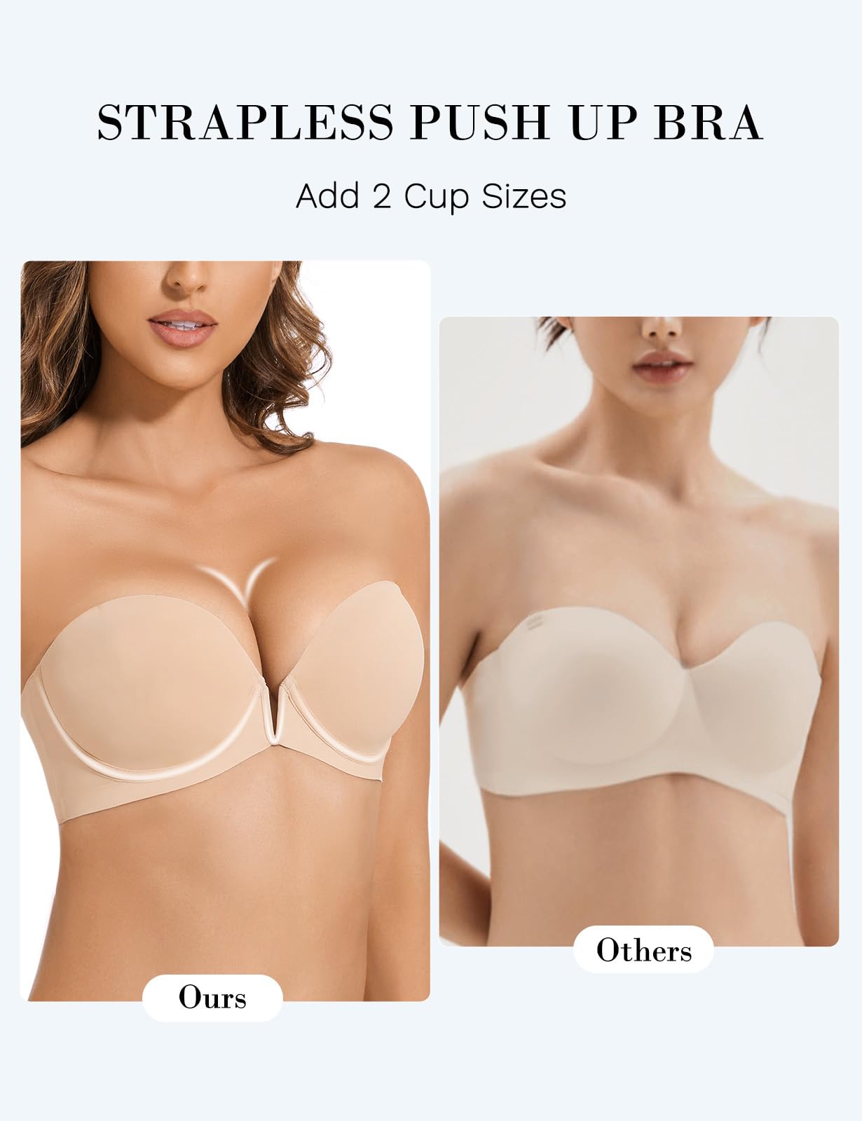 Upushall - Reggiseno senza spalline push up antiscivolo, scollo a V profondo, con ferretto, super imbottito, aggiunge 1 taglia di coppa | Ferretto, super imbottito, aggiungere 1 tazza