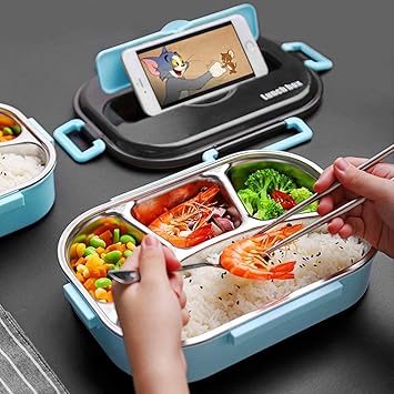 Yagzon 1300ml Stainless Steel Lunch Box Leak-Proof 4 In 1 Bento Lunch Box for Adults & Kids | Tiffin Box Reusable Microwave Freezer Safe Food | Containers with Spoon Chopstick| Adults,Kids & OfficeMen