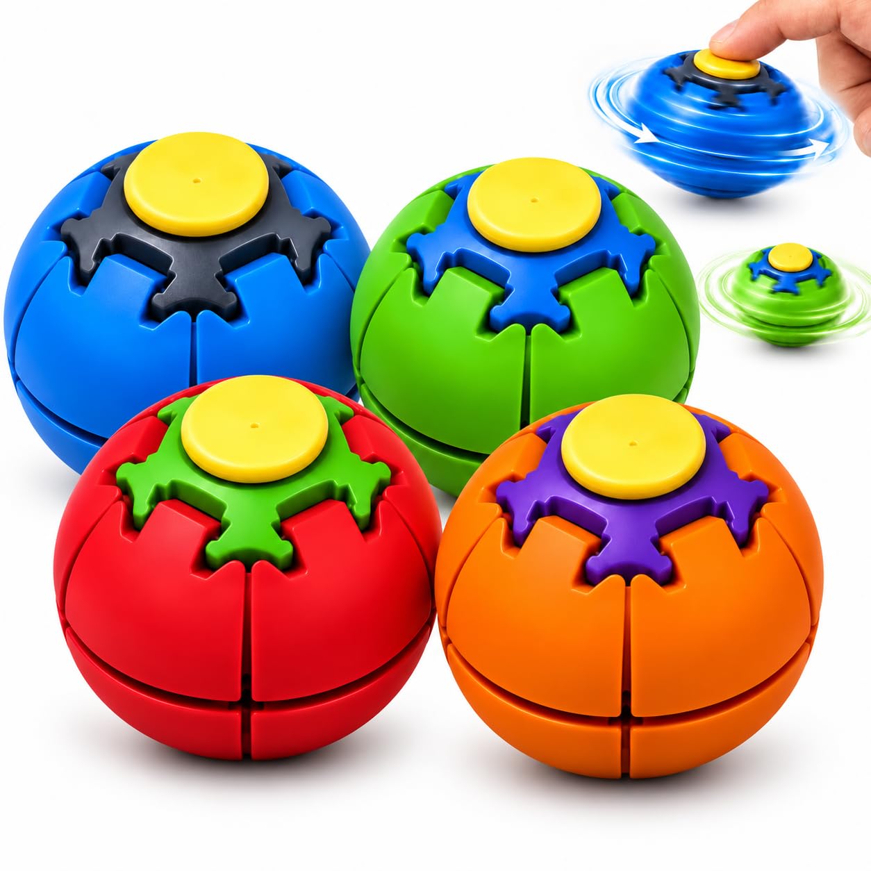 Azazaza 4 Pack Press to Spin Fidget Ball, Fidget Spinner Sensory Desk Toy