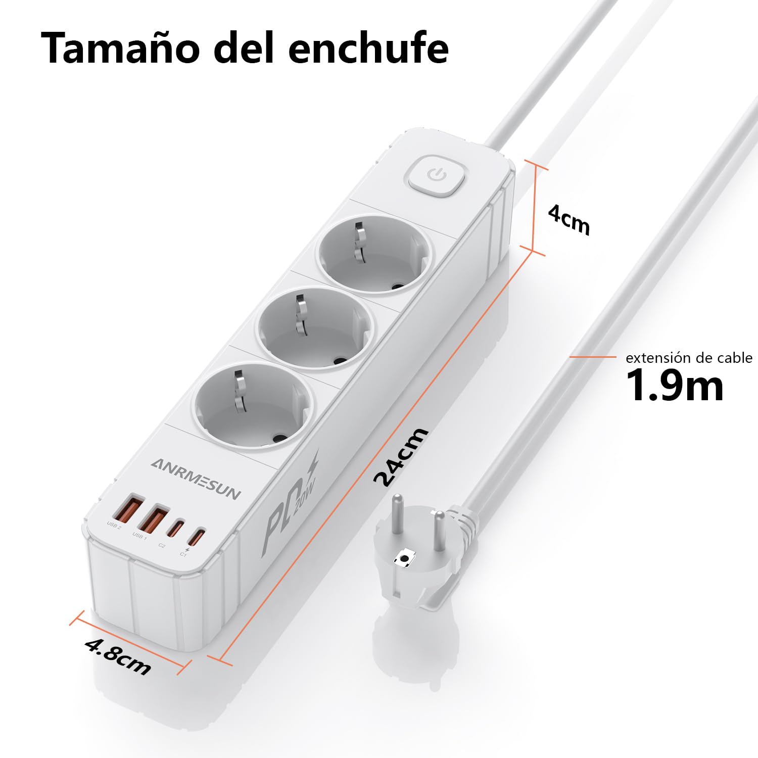 Regletas Enchufes con 3 Tomas y Interruptor, Enchufe Múltiple de Carga 2 USB A y 2 USB C (PD 20W), Protección Sobretensión, Cable 1.9m, Ideal para Viajes y Hogar — view 7