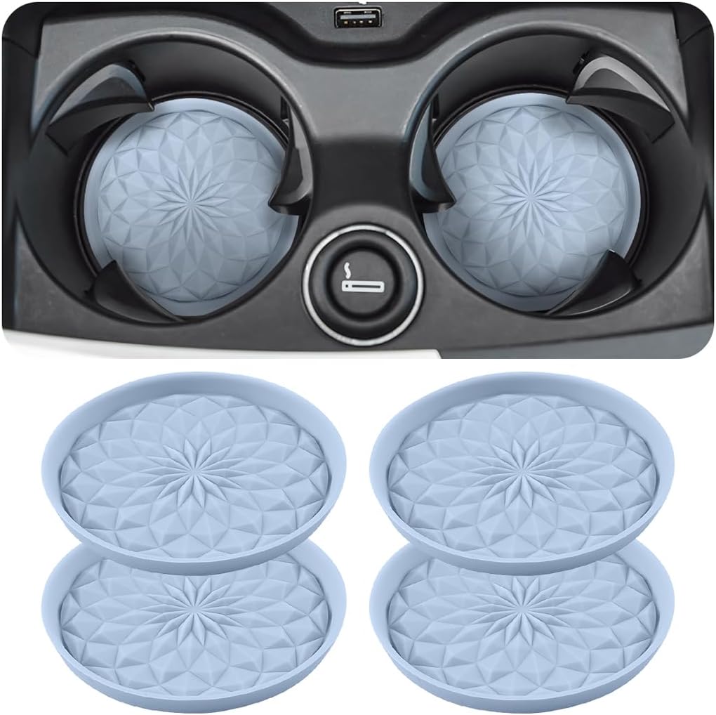 Car Coaster, 4PCS Silicone Non Slip Vehicle Cup Holders Insert Mat, Waterproof Automotive Interior Cupholder Embedded Protection Pad Accessories, Universal for SUV, Sedan, Truck(Light Blue)