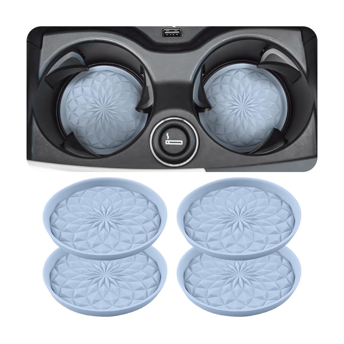 Car Coaster, 4PCS Silicone Non Slip Vehicle Cup Holders Insert Mat, Waterproof Automotive Interior Cupholder Embedded Protection Pad Accessories, Universal for SUV, Sedan, Truck(Light Blue)