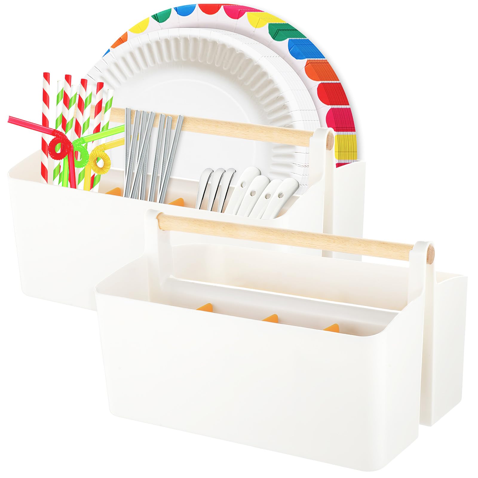 2Pcs Paper Plate Dispenser for 6-10 Inch, Divider Paper Plates Holder for Kitchen, Space-Saving Papers Plate Storage Organizer with Wooden Handle, Utensil Holder for Cup/Spoon/Fork/Plate/Napkin