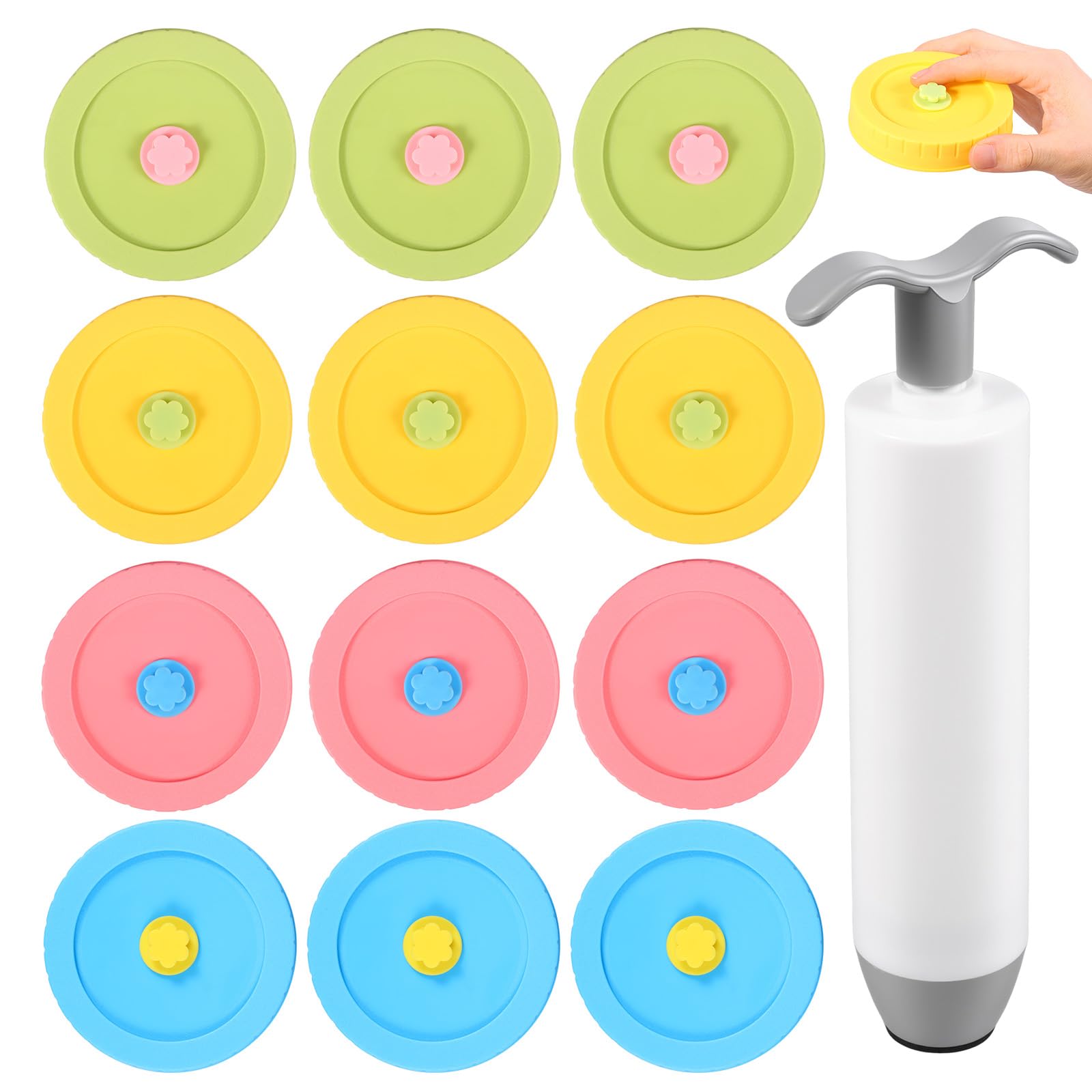 shaojian 13 Pcs Fermentation Kit for 86mm Wide Mouth Mason Jars, 12 Silicone Fermenting Lids with Waterless Airlock and 1 Vacuum Pump, DIY Pickling Set for Sauerkraut Kimchi Pickle Kombucha