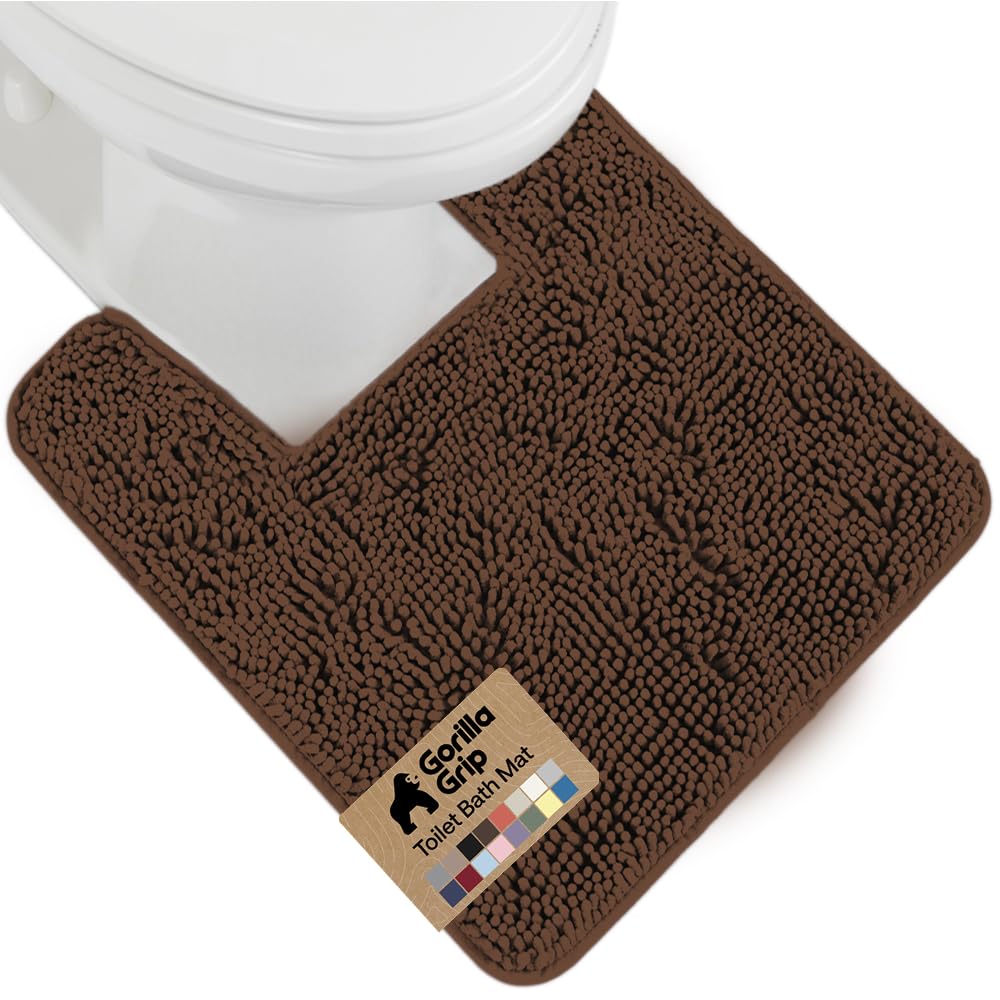 Gorilla Grip Original Shaggy Chenille Square U-Shape Contoured Mat for Base of Toilet, 22.5x19.5 Size, Machine Wash and Dry, Soft Plush Absorbent Contour Carpet Mats for Bathroom Toilets (Brown)