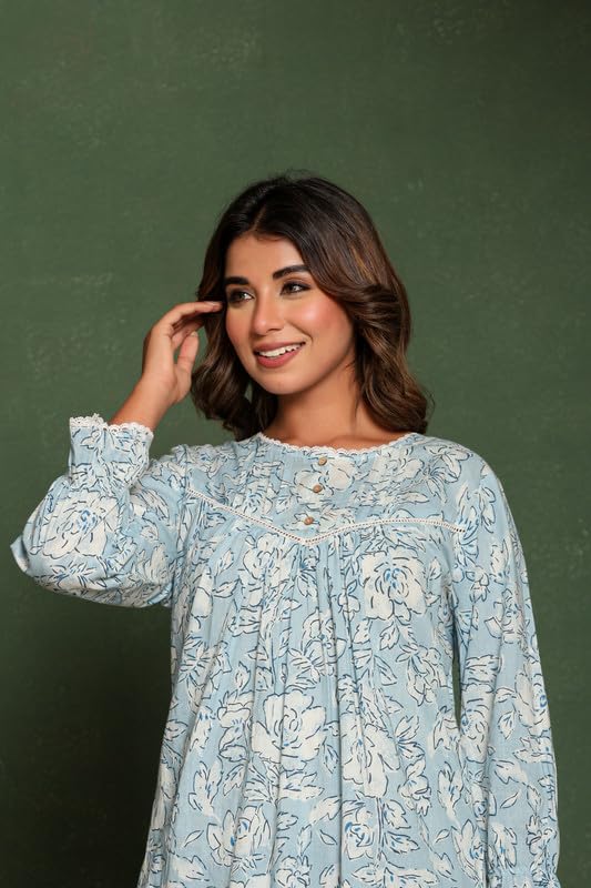 Image of NIHSAMAH Cotton Night Gown for Women, Printed Long Cotton Nighty with Pockets, Comfortable & Fancy Sleepwear /Nightwear /Maxi