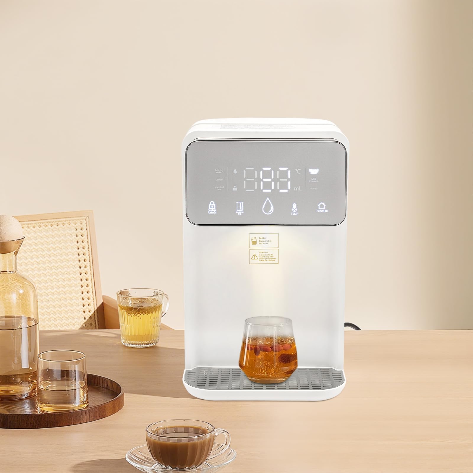 Distributore di acqua calda istantanea, 3,5 L, temperatura regolabile | Volume da 150 a 500 ml, schermo digitale, vassoio scolapiatti e serbatoio rimovibile per caffè, tè e bevande calde.