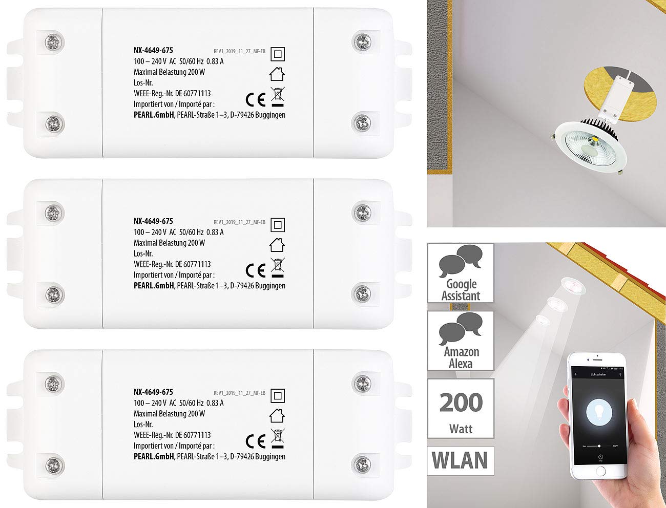 Luminea Home Control Siri Lichtschalter: 3er-Set WLAN-Schalter mit Dimmer, für Siri, Alexa & Google Assistant (W-LAN Schalter, Lichtschalter-Dimmer Funk, Glühbirne dimmbar)