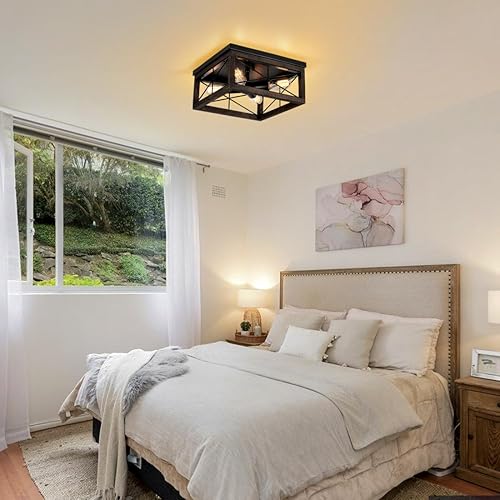 Miniatura 7 de Lámpara de techo de madera de montaje empotrado, 4 luces rústicas de granja, lámpara de techo cuadrada industrial con enchufe E26 para cocina,